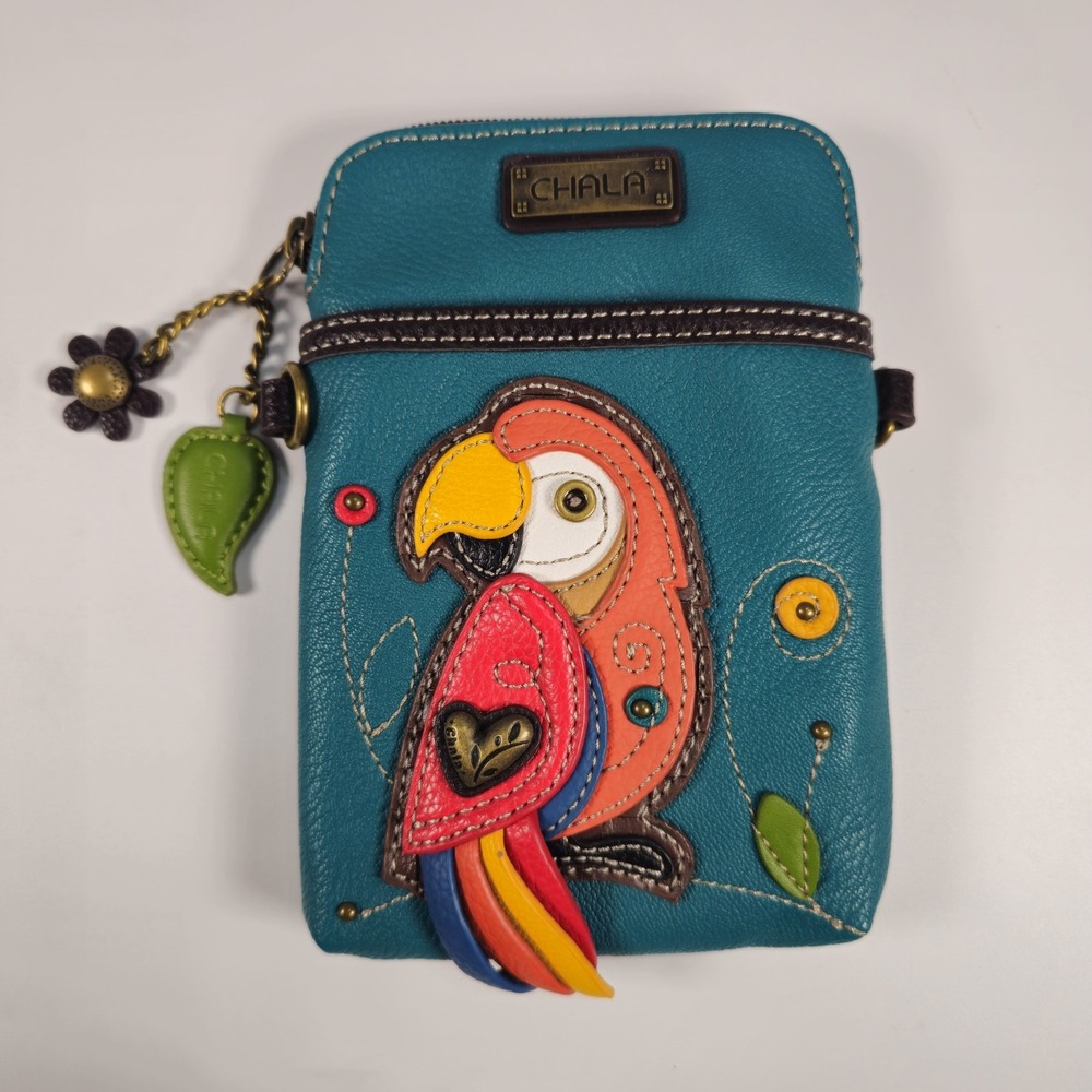 CHALA Red Parrot Cell Phone Crossbody Purse Turquoise Convertible 2 Straps NWT